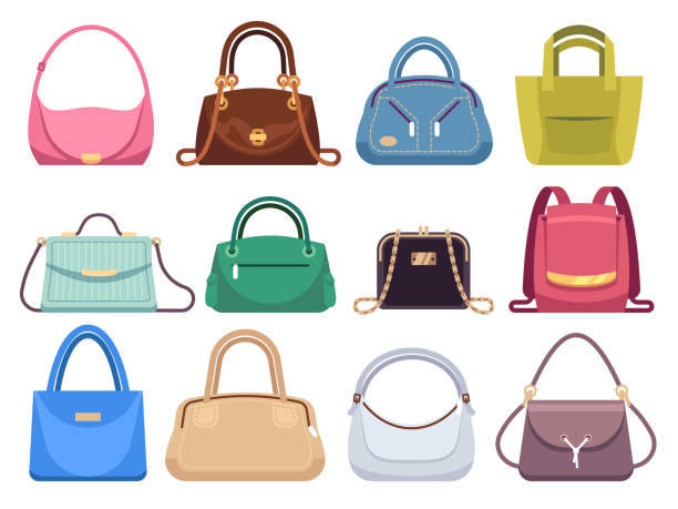 bayan çantaları. moda aksesuarları ile kadın çanta. deri kadın debriyaj ve çanta vintage vektör düz set - cüzdan stock illustrations