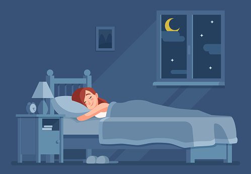 Lady sleeping at night. Woman sleep in bed under duvet cartoon vector concept