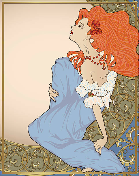 illustrazioni stock, clip art, cartoni animati e icone di tendenza di lady con telaio ornato. - art nouveau