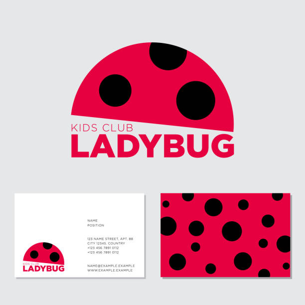 Ladybug emblem. Flat icon of ladybird. Business card and black spots pattern. Emblem for children's store, playschool, entertainment center, packaging and labels for children's products. roofing business card stock illustrations