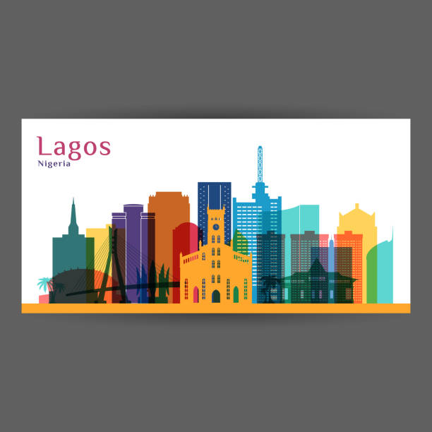 라고스 시 건축 실루엣입니다. 다채로운 스카이 라인. 시티 플랫 디자인입니다. 벡터 비즈니스 카드입니다. - nigeria stock illustrations