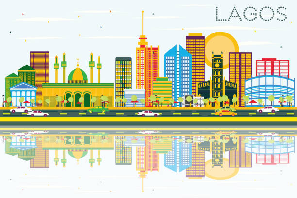 лагос скайлайн с цветными зданиями, голубым небом и отражениями. - nigeria stock illustrations