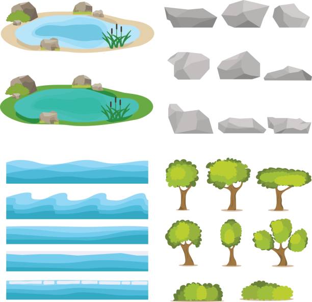Lake, a set of stones, trees, a set of seascapes, a wave. Lake, a set of stones, trees, a set of seascapes, a wave. Flat design, vector illustration, vector. pond stock illustrations