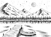 istock Lake boat graphic black white night mountain landscape sketch illustration vector 1354866613