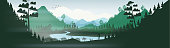 Lake with kayak in a pine forest, and mountains at sunset panorama