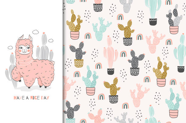 Lama baby cute pinky animal character. Kids card and seamless background. Hand drawn cartoon vector illustration. Surface design. Easy to use a 2in1 vector illustration. cactus patterns stock illustrations