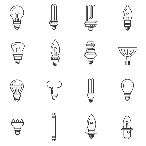 Lamps and spotlights icons set. Editable stroke Lamps and spotlights icons set. Incandescent lamp of different form, thin line design. Line with editable stroke halogen light stock illustrations