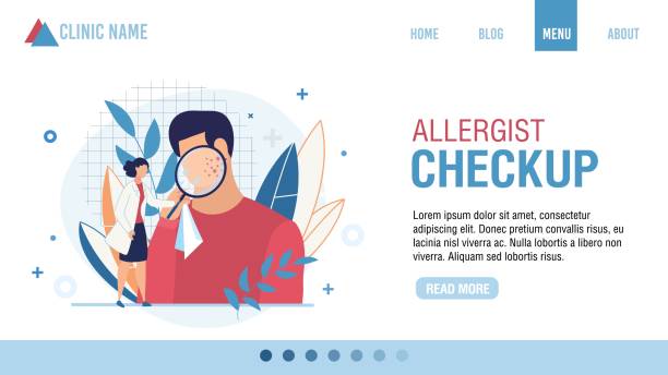 Landing Page Allergist Checkup Fixing Appointment Landing Page Allergist Checkup Fixing Appointment. Cartoon Doctor Examining Male Patient Face Skin with Rash under Loupe. Online Service for Doctor Consolation. Vector Carton Illustration antihistamine stock illustrations