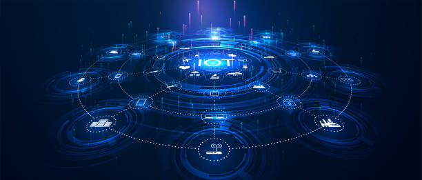 landing page IoT. Internet of things  devices and connectivity concepts on a network. Spider web of network connections with on a futuristic blue background. landing page IoT. Internet of things  devices and connectivity concepts on a network. internet of things stock illustrations
