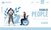 Landing Page Offering Help for Disabled People. Cartoon Woman on Wheelchair Talking to Lady in Formal Suit. Job Hiring Process. Rehabilitation and Recovery. Communication. Vector Flat Illustration