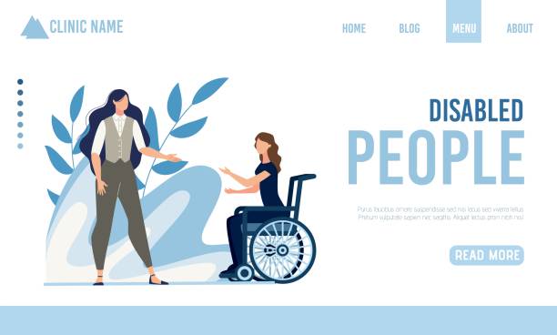 ilustrações, clipart, desenhos animados e ícones de página de destino oferecendo ajuda para pessoas com deficiência - pcd