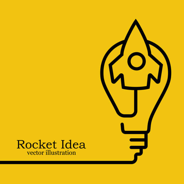 Landing page rocket Idea. Start page for a startup vector Landing page rocket Idea. Start page for a startup, template space for text. Modern design black line. Creative idea of starting a business. Vector flat illustration. Isolated on yellow background. rocketship designs stock illustrations