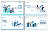 Landing Page Set Presenting Medical Services for People with Different Possibilities. Healthcare for Woman and Pregnant Female Clients, Disabled Senior Patients and Young Human. Vector Illustration