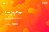 Landing page template for your website with a modern and trendy background. Abstract design with fluid, liquid, 3d and gradient color shapes. This template can be used for your design, with space for your text (colors used: Yellow, Orange, Red, Pink). Vector Illustration (EPS10, well layered and grouped), wide format (3:2). Easy to edit, manipulate, resize or colorize.