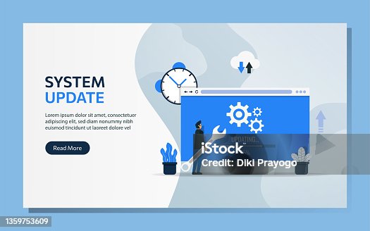istock Landing page template of system update concept. Man character uses wrench to upgrade software vector illustration. 1359753609