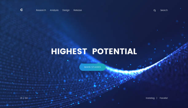 Landing page template with a fantastic blue particles scifi background, can be used for electronics startup, internet technology and futuristic cyberspace theme web sites. Header for website vector art illustration