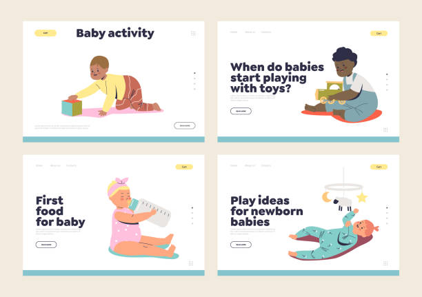 i̇lk oyuncakların oynadığı ve biberonla beslenme formülü veya süt yediği yenidoğan bebeklerle açılış sayfaları - baby formula stock illustrations