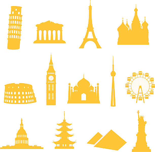 Landmark Icons 13 gradient free landmark icons - easy to change colour. eiffel tower stock illustrations