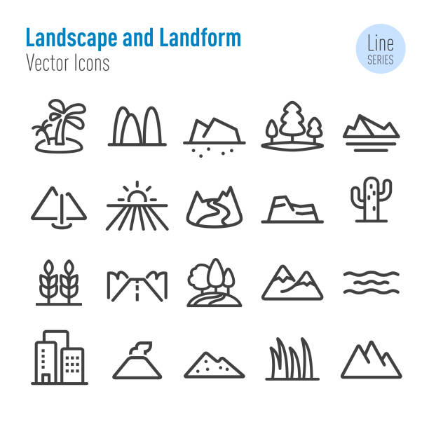 Landscape and Landform Icons - Vector Line Series Landscape, Landform, desert area symbols stock illustrations