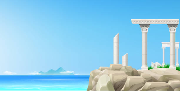 Landscape blue sea and stone antique ruins The landscape is a blue sea and antique ruins on a cliff. Background with islands on the horizon landscape scenery clipart stock illustrations