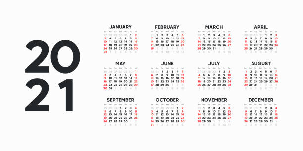 Landscape Calendar template. 2021 yearly calendar. 12 months yearly calendar set in 2021. Week starts from Sunday.  2021 stock illustrations