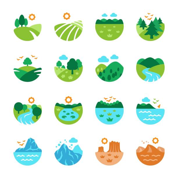 ilustraciones, imágenes clip art, dibujos animados e iconos de stock de icono de paisaje establecido - lago