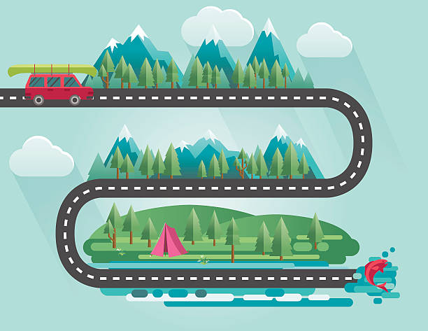 Landscape Infographic - People Travelling To Their vacation Destinations Infographic Landscape Of Mountains, Trees And Cars Travelling To Their vacation Destinations. simple fish drawings stock illustrations