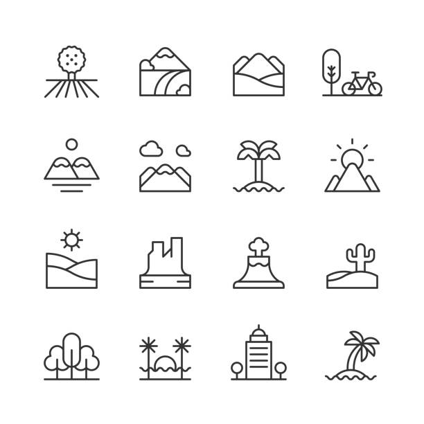 Landscape Line Icons. Editable Stroke. Pixel Perfect. For Mobile and Web. Contains such icons as Beach, City, Countryside, Desert, Environment, Forest, Hiking, Island, Landscape, Mountain, Nature, Outdoors, Park, Summer, Sun, Tree, Vacation, Volcano 16 Landscape Outline Icons. Adventure, Autumn, Beach, Bike, Castle, City, Cloud, Countryside, Cycling, Desert, Environment, Fall, Field, Forest, Grass, Hiking, Island, Landscape, Mountain, Nature, Ocean, Outdoors, Palm Tree, Park, Scenery, Sea, Skyline, Summer, Sun, Sunset, Tourism, Trail, Tree, Vacation, Volcano, Water, Weather desert area icons stock illustrations