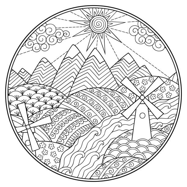 River And Mountains Landscape Outline Hand Draw Illustrations, Royalty