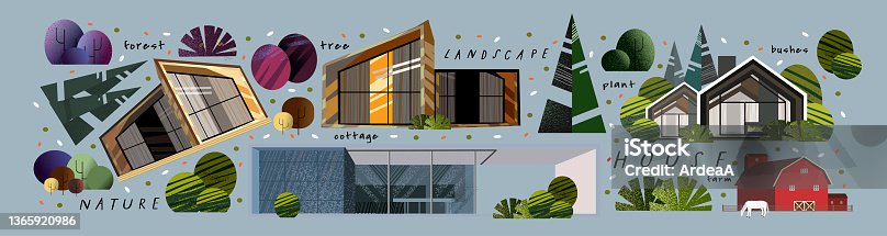 istock Landscape, nature, house. Vector illustrations of modern architecture, cottage and chalet surrounded by forests, mountains, trees, lake, river. Drawings for poster, background or cover 1365920986