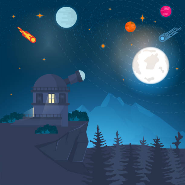 Landscape Observatory radio telescope on the mountain studying the space of the planet against the background of nature design concept flat vector illustration Landscape, Observatory, radio telescope, on a mountain studying space, planets against nature, concept for design, flat vector illustration observatory stock illustrations