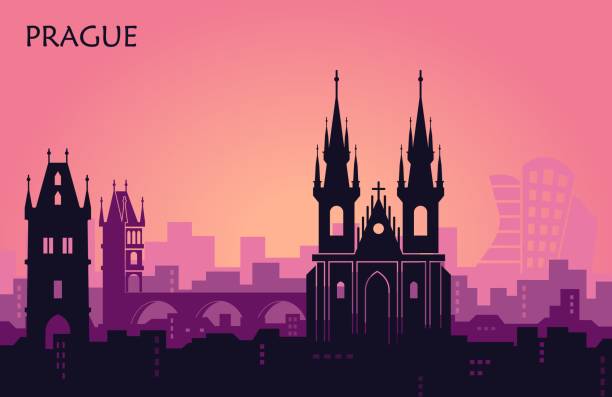Landscape of Prague with sights. Abstract skyline sunset view Landscape of Prague with sights. Abstract skyline sunset view hradcany castle stock illustrations