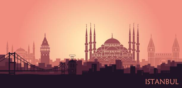 bildbanksillustrationer, clip art samt tecknat material och ikoner med landskap av den turkiska staden istanbul. abstrakta skyline med de främsta landmärkena - istanbul blue mosque skyline