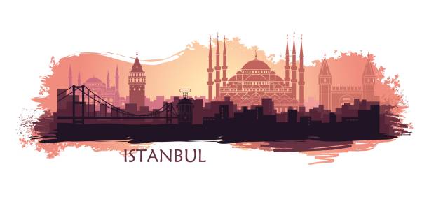 bildbanksillustrationer, clip art samt tecknat material och ikoner med landskap av den turkiska staden istanbul. abstrakta skyline med de största attraktionerna - istanbul blue mosque skyline