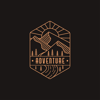 Emblem mountain and river landscape adventure logo icon with line art style