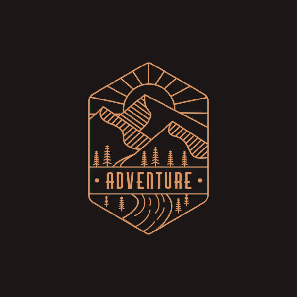 Landscape outdoor adventure logo Emblem mountain and river landscape adventure logo icon with line art style mountains stock illustrations