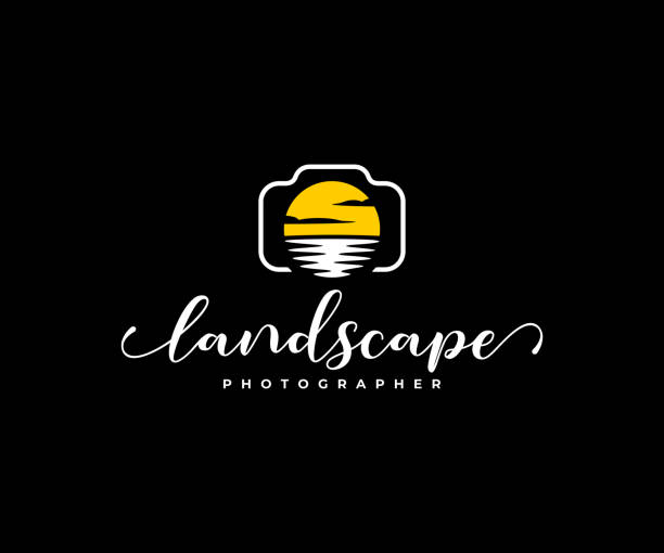 Landscape photographer design. Digital camera and lens in the form of sun and water vector design. Nature photographer illustration Landscape photographer design. Digital camera and lens in the form of sun and water vector design. Nature photographer illustration lakes stock illustrations