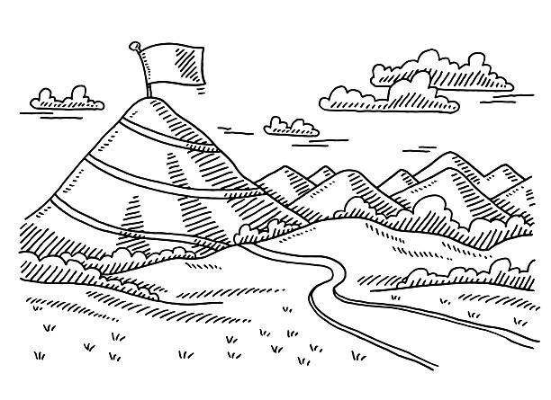 Landscape Road To Summit Concept Drawing Hand-drawn vector drawing of a Landscape with a Road To a Summit, Business Concept. Black-and-White sketch on a transparent background (.eps-file). Included files are EPS (v10) and Hi-Res JPG. road drawings stock illustrations