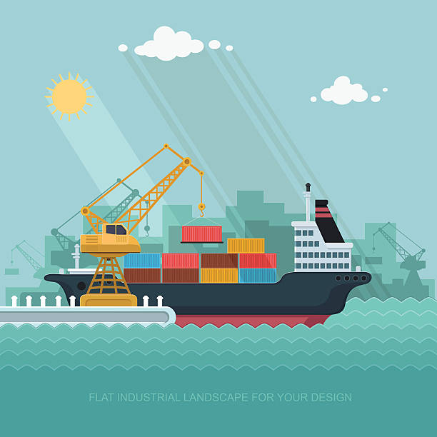 ilustrações de stock, clip art, desenhos animados e ícones de landscape seaport. crane which unloads. carrier, ship. flat vector illustration - porto
