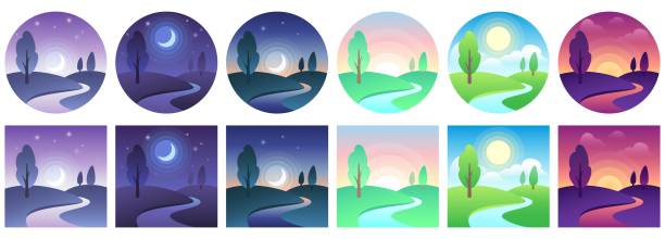 Landscape time icons. Sky and field daytime circle and square icon vector set Landscape time icons. Sky and field daytime circle and square icon vector set. Landscape night and day, moon and sun, time day morning different illustration dusk stock illustrations