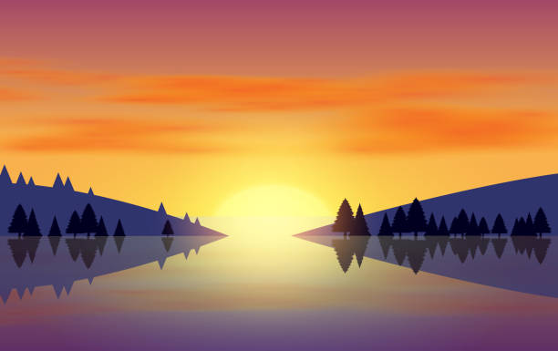 landscape landscape of lagoon with mountain in morning adventure backgrounds stock illustrations