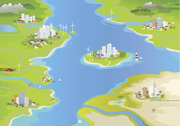 Landscape Landscape with windmills, cities and an island in the middle of the sea. vertical axis wind turbine stock illustrations