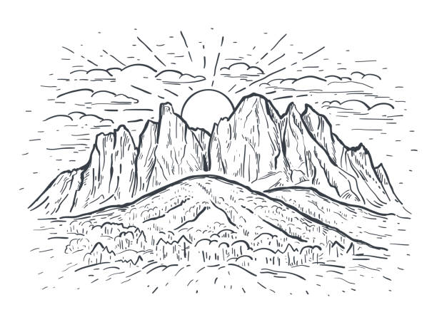 Landscape vector sketch illustration with a mountains, rocks, trees and sun. Black line isolated on white. Nature background. Landscape vector sketch illustration with a mountains, rocks, trees and sun. Black line isolated on white. Nature background. Design for t-shirt print, postcard, poster, cover, engraving cliffs stock illustrations