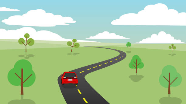 landschaftsansicht des roten autos, das auf dem asphalt fährt, kurven auf einer weiten grünen wiese hin und her. und bäumen im abstand. - auto landstraße stock-grafiken, -clipart, -cartoons und -symbole
