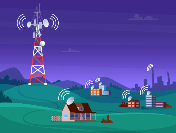 Landscape wireless tower. Satelite antena mobile coverage television radio cellular digital signal vector illustration Landscape wireless tower. Satelite antena mobile coverage television radio cellular digital signal vector illustration. Communication antenna tower for internet broadcast tower stock illustrations