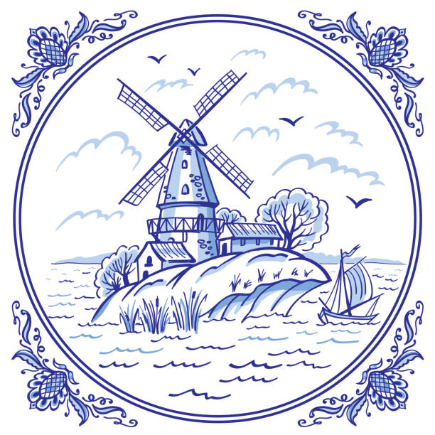 Landscape with a windmill and a boat in blue colors Landscape with a windmill and a boat in blue colors in a patterned frame, Delft style decor, Gzhel painting, Chinese porcelain, vector illustration, decor for various designs. dutch culture stock illustrations