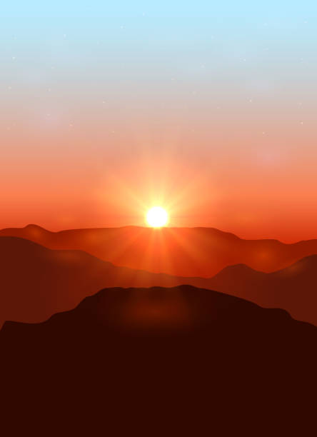 Landscape with dawn in the mountains Beautiful landscape with dawn in the mountains, illustration. desert area backgrounds stock illustrations