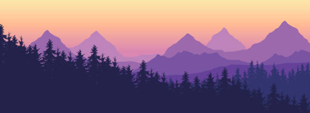 Landscape with high mountains and coniferous forest in multiple layers, under yellow purple sky and space for text - vector Landscape with high mountains and coniferous forest in multiple layers, under yellow purple sky and space for text - vector adventure backgrounds stock illustrations
