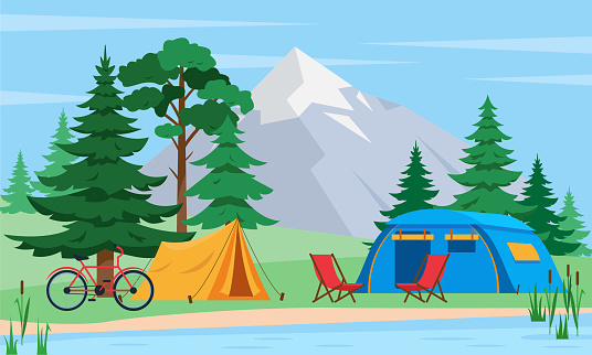 Landscape with mountain, forest, lake and camping tents.