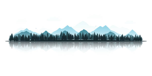 Landscape with silhouettes of deer, fox, eagles, mountains and forests. Panoramic view with reflection. Vector illustration. Landscape with silhouettes of deer, fox, eagles, mountains and forests. Panoramic view with reflection. Vector illustration. forest silhouettes stock illustrations